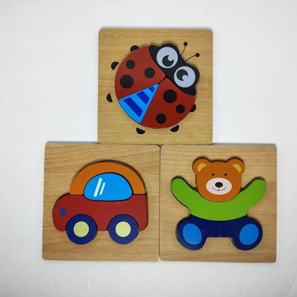 Wooden Toddler 3 Puzzle Set Car, Lady Bug And Teddy Bear Shape Sorter